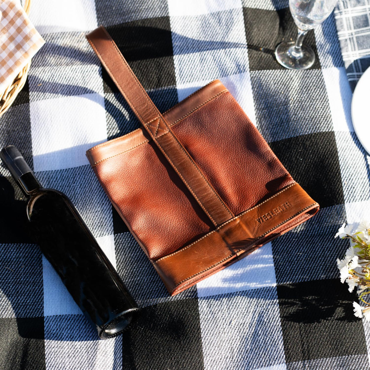 WESLEATH Double Wine Carrier Bag – Leather Wine Tote for Two Bottles with Handle – Protective Carrier for Picnic, Wine Champagne Gift Bag (Sunset)