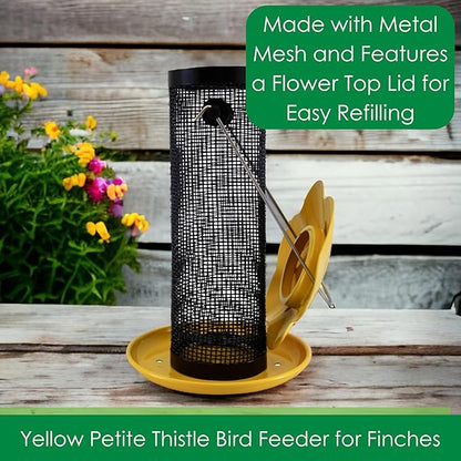 Songbird Essentials Gold Finch Feeder for Outdoor Hanging - Petite Nyjer Thistle Seed Feeder - All Metal - for Finches and Buntings for Outdoor Garden - Bright Yellow