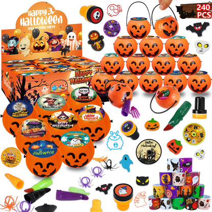 KPHNGB 240PCS Bulk Halloween Party Favors - 24 Pack Pre-filled Mini Pumpkin Buckets Set, Non-Candy Treats Toys & Goodie Bags Stuffers for Trick or Treat, Kids' Prizes
