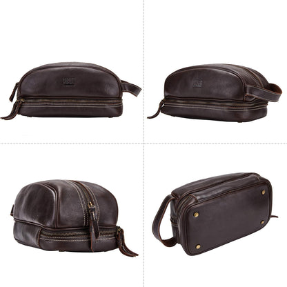 BRASS TACKS Leathercraft Travel Toiletry Organizer Dopp Kit Water-resistant Genuine Leather Shaving Bag for Toiletries Accessories For Men Women (Dark Brown)