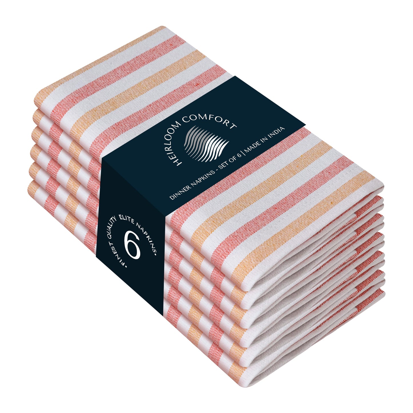 HEIRLOOM COMFORT Fiesta Stripe 100% Cotton Cloth Napkins Set of 6, Large 18x18 Inch, Colorful, Washable, Reusable & Durable Fabric for Dining, Events, Parties & Daily Table Use, Orange & Yellow