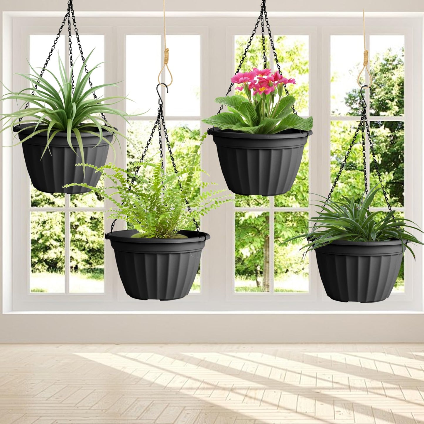FGstyle Hanging Planters 10 Inch, 4 Pcs Self Watering Pots for Indoor Plants,Plastic Hanging Basket with Soil Elevator and 20" Chain for Home Garden Porch Balcony Patio Decor(Black)