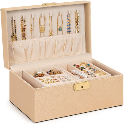 AKOZLIN Travel Jewelry Box Organizer Functional 2-trays Leather Jewelry Storage Case with Lockable Portable for Women Girls Ring Necklace Earring Bracelet Champagne