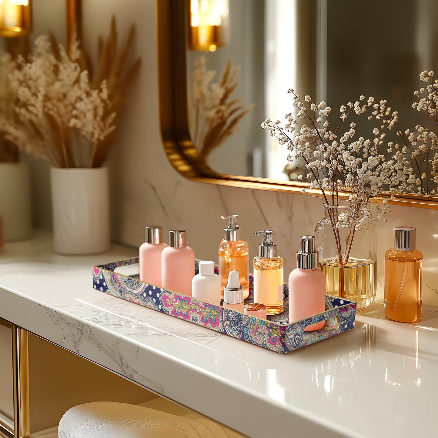 MAONAME Plastic Vanity Tray, Bathroom Counter Tray, Decorative Trays with Handles, Storage Dresser Trays Organizer for Toilet Tank, Jewelry, Makeup, 13.8" x 6" x 1.57"