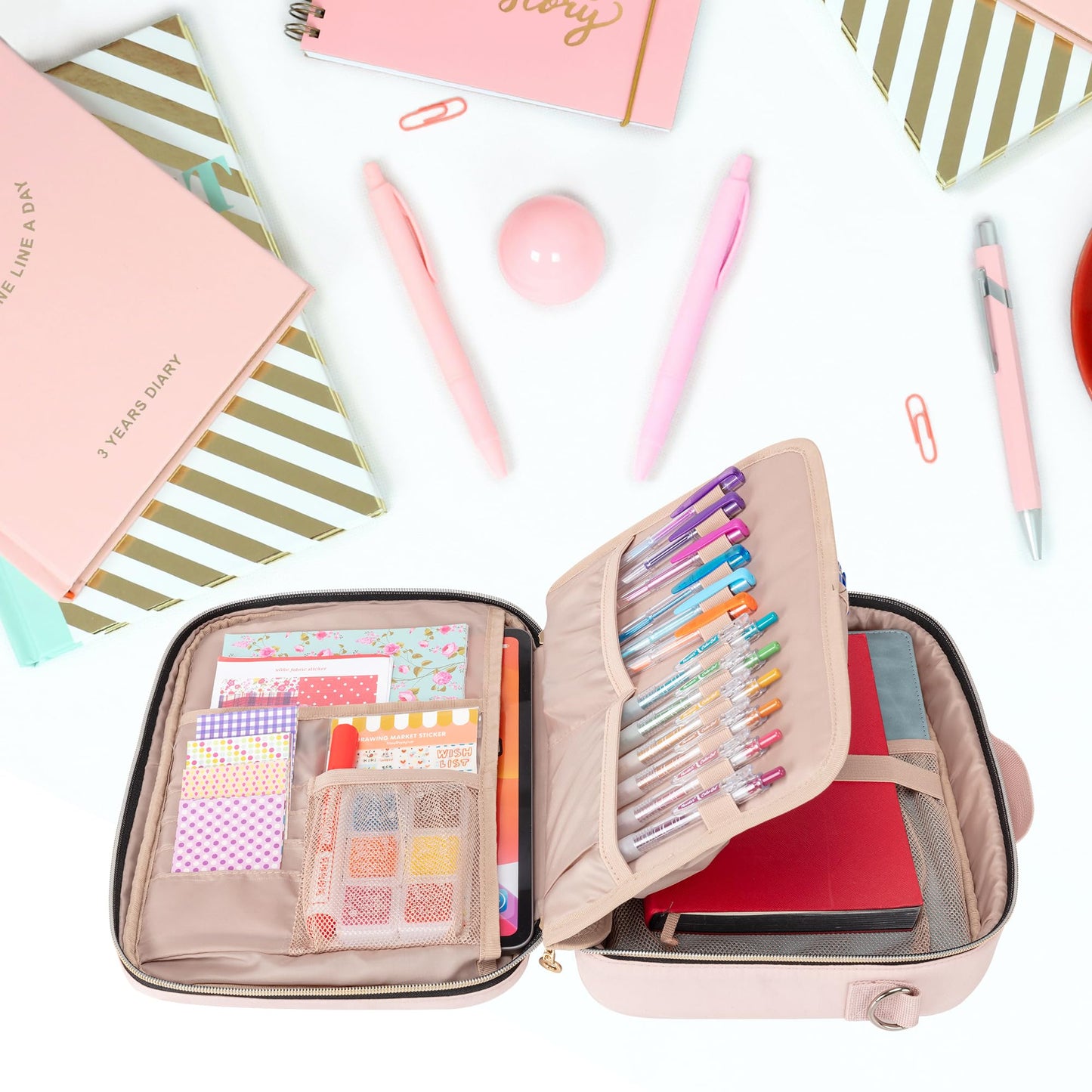Teamoy Journal Supplies Storage Case, Journal Supplies Holder with Detachable Pen Slots, Travel Organizer Holder for B5 Notebooks, Planner, Pens, Journal Supplies and Accessories, Pink Quilted