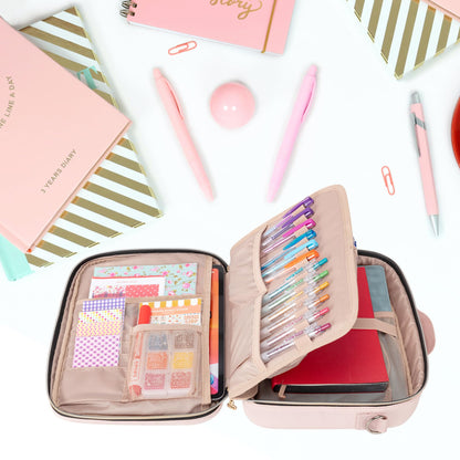 Teamoy Journal Supplies Storage Case, Journal Supplies Holder with Detachable Pen Slots, Travel Organizer Holder for B5 Notebooks, Planner, Pens, Journal Supplies and Accessories, Pink Quilted