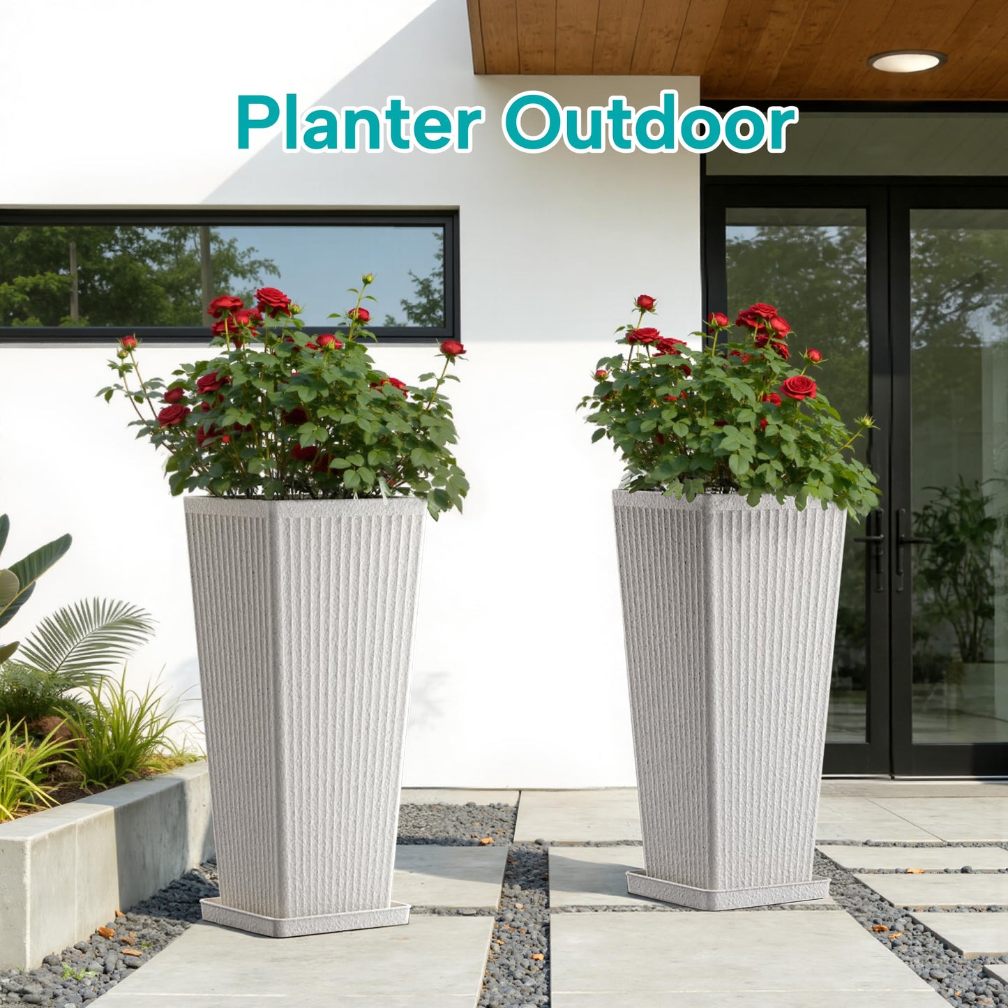 Diyfire Tapered Tall Planters for Outdoor Plants 2 Pack- 23.6 Inch Heavy-Duty Classic Square Indoor Flower Pots with Drainage Holes/Partition/Tray, Large Outdoor Planters for Porch Patio, White