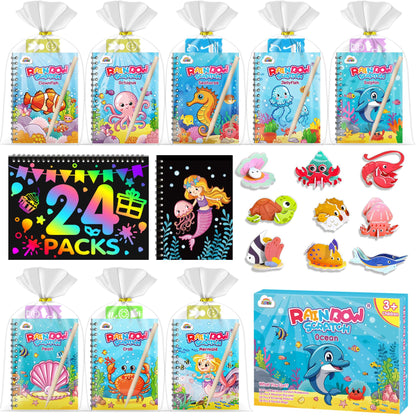 ZMLM 24 Pack Scratch Art Party Favors for Kids 4-8 – Individually Wrapped Rainbow Notebooks, Mess-Free Goodie Bag Stuffers, Non-Candy, Classroom Prizes, Travel Quiet Time Crafts for Boys Girls(Ocean)