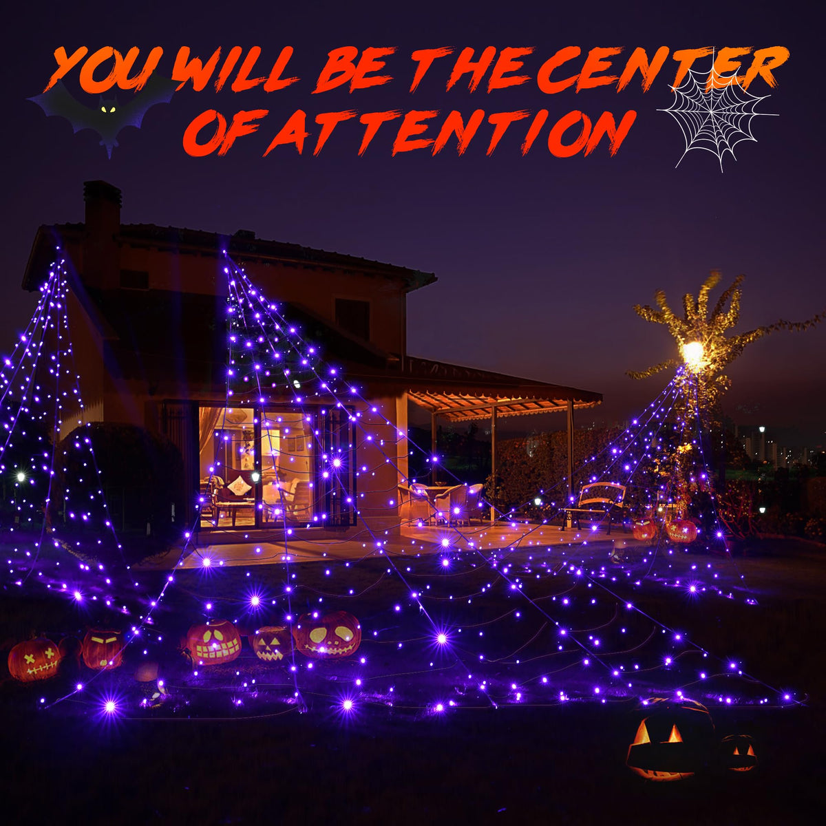 BlcTec Halloween Decorations Giant Spider Web Lights, 19.7ft x 14.7ft Lighted White Spider Web with 250 LEDs, Sturdy Wire Halloween Web Lights with 8 Modes, Waterproof for Yard, Porch Decor (Purple)