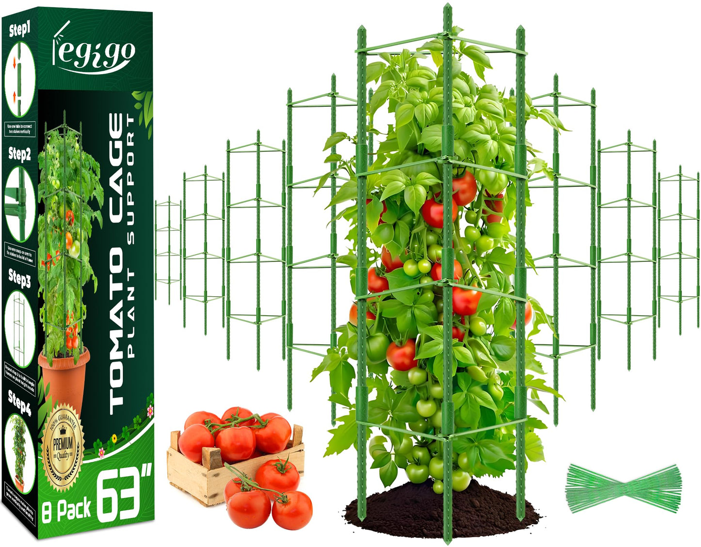 Legigo 8-Pack Up to 63inch Tomato Cages for Garden Plant Support- Garden Stakes Tomato Cage, Tomato Trellis for Potted Plants, Tomato Cages Plant Stakes for Climbing Vegetables Plants Flowers