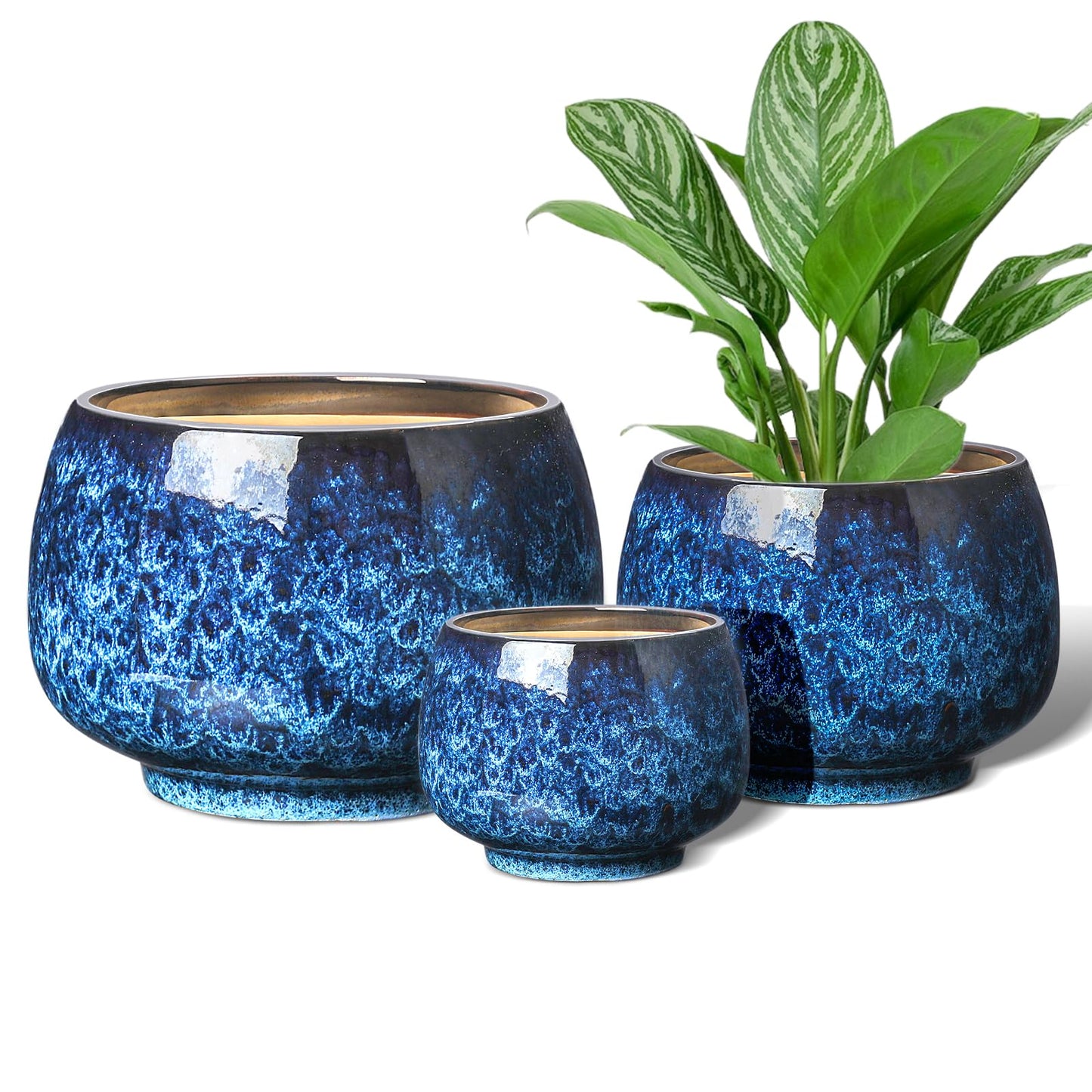 BUYMAX Ceramic Plant Pots Set of 3 for Indoor Plants, 6 8 10 Inch Large Round Planters with Drainage Hole, Modern Flower Pots with Mesh Pads & Rubber Plugs for Home Garden Decor, Blue