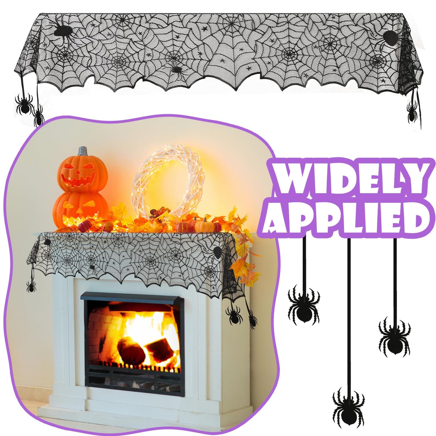 Windkream 18 x 72 Inch Halloween Table Runners Black Lace Spider Web Table Runner with Crawling Spider Gothic Halloween Decorations for Masquerade Themed Party Dinner Mantel Indoor Decor