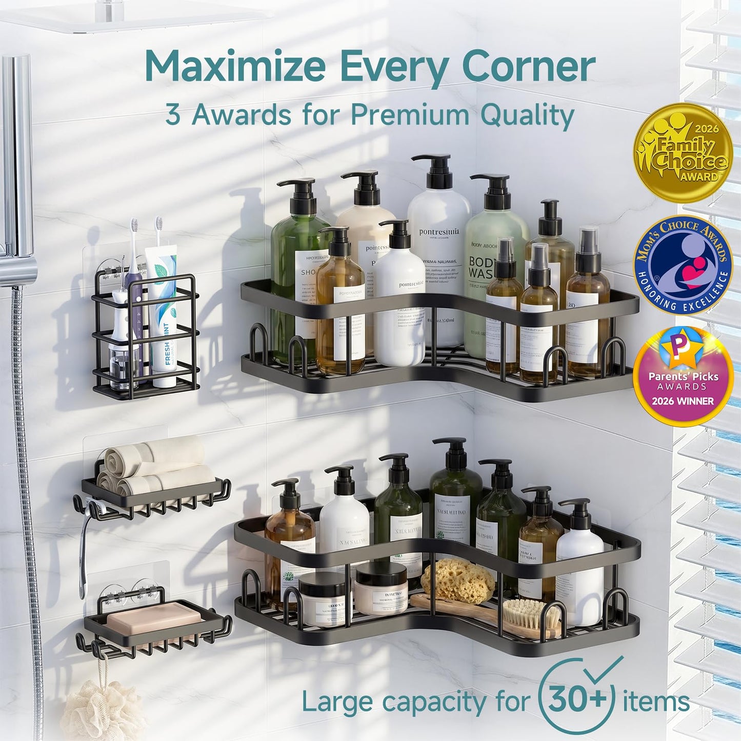 Veken Corner Shower Caddy 5-Pack, Advanced Rustproof Design, No Drilling Adhesive Shelves, Rack with Soap Holder, Large Capacity Bathroom Organizers and Storage, Wall-Mounted Kitchen&Home Decor,Black