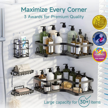Veken Corner Shower Caddy 5-Pack, Advanced Rustproof Design, No Drilling Adhesive Shelves, Rack with Soap Holder, Large Capacity Bathroom Organizers and Storage, Wall-Mounted Kitchen&Home Decor,Black