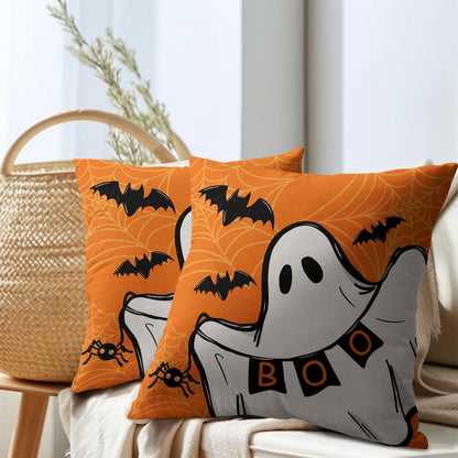 Halloween Ghost Boo Orange Throw Pillow Covers 18X18 Inches Set of 2 Spooky Bat Spider Web Pillowcase Soft Cotton Linen Square Cushion Covers for Home Sofa Bedroom