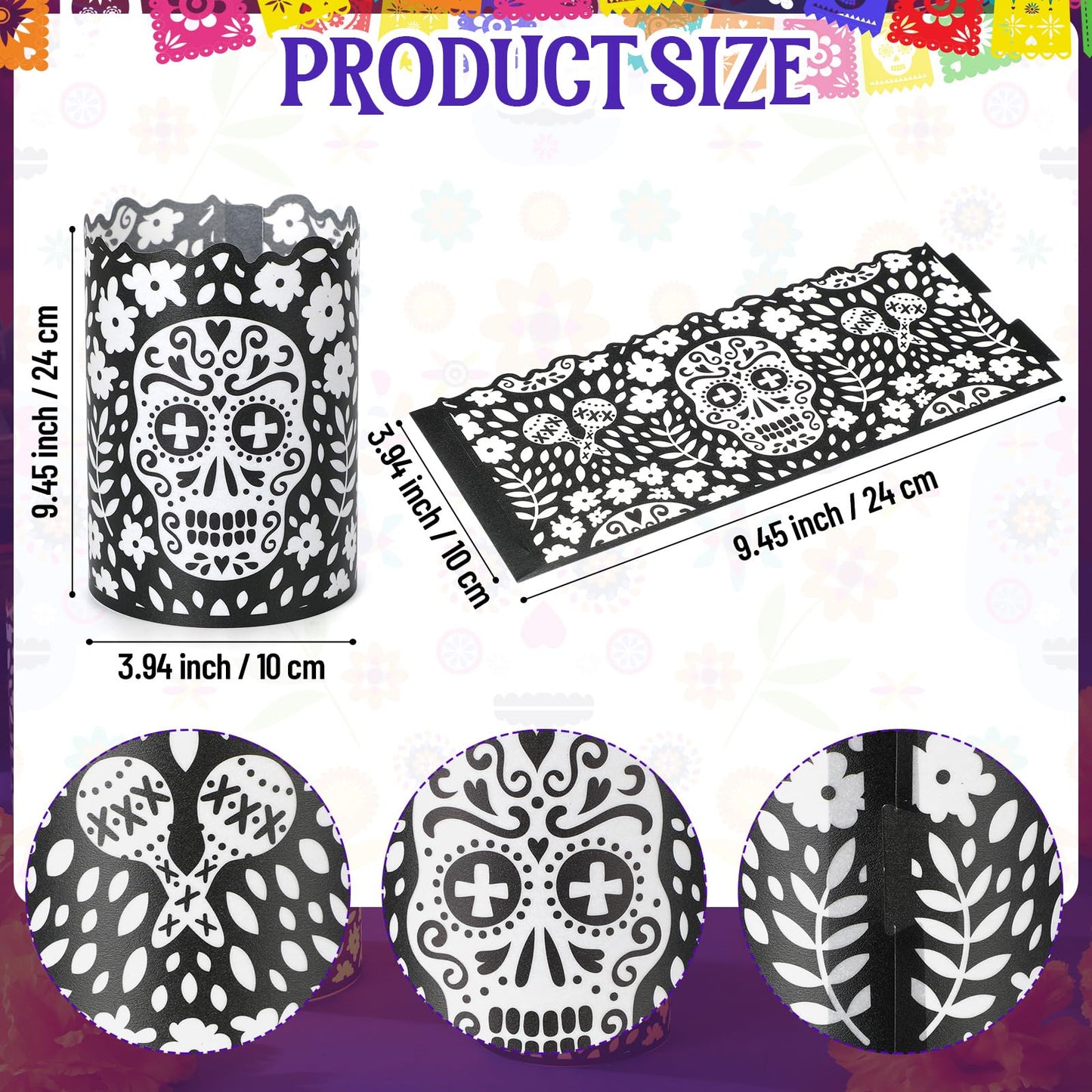 Tuanse 24 Pcs Dia De Los Muertos Decorations Luminary Paper Day of The Dead Votive Candles Holders Altar Paper Lampshade for Halloween Dia De Los Muertos Party Decor Supplies(Black)