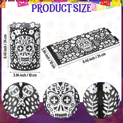 Tuanse 24 Pcs Dia De Los Muertos Decorations Luminary Paper Day of The Dead Votive Candles Holders Altar Paper Lampshade for Halloween Dia De Los Muertos Party Decor Supplies(Black)