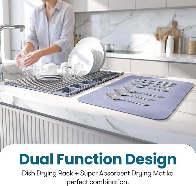 Havenity™ Expandable Roll Up Dish Drying Rack with Drying Mat - Adjustable Up to 22.75" with 2 Free Attachments & 2 Removable Baskets, 304 Stainless Steel Over The Sink Dish Drying Rack Cover Kitchen