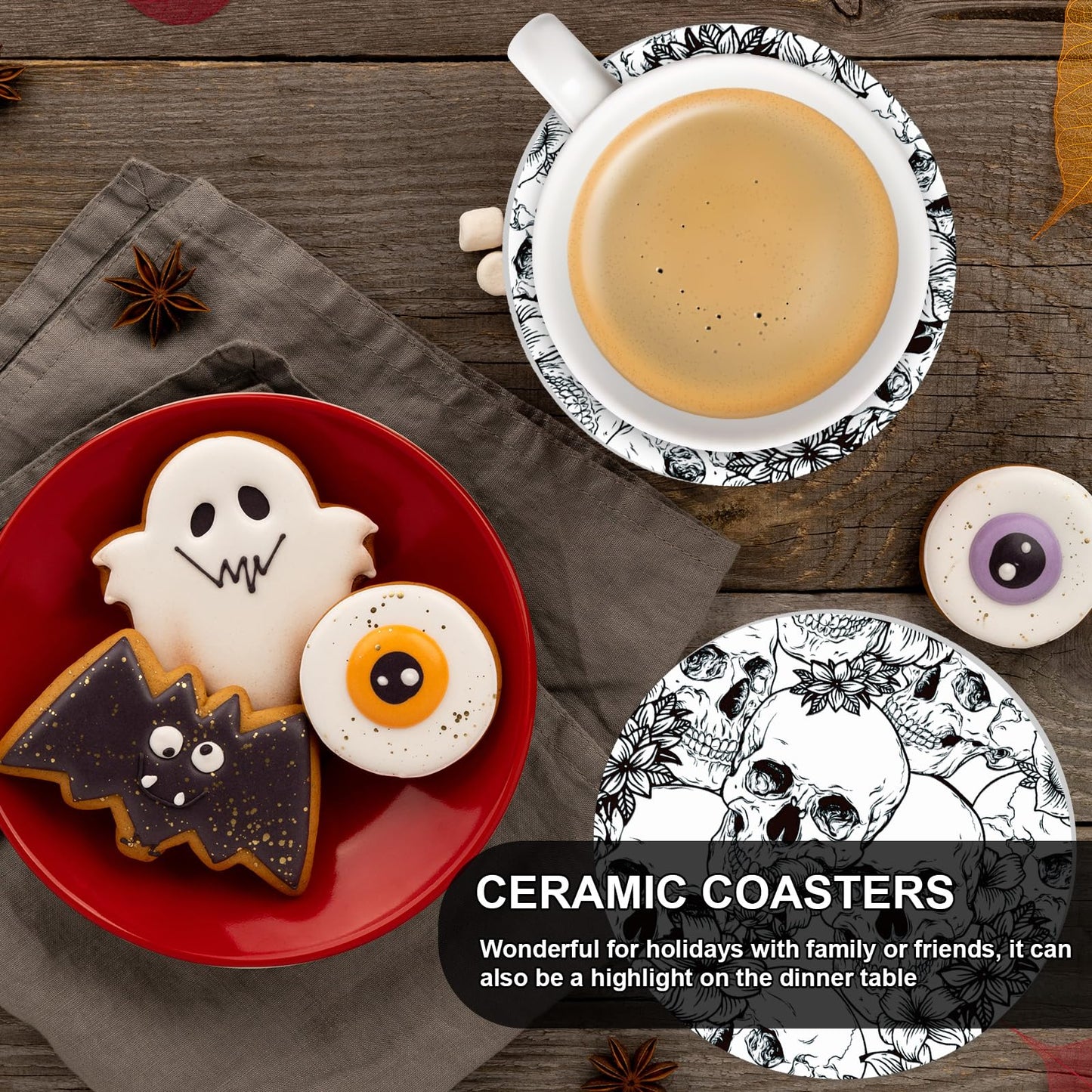 Whaline 6Pcs Halloween Ceramic Coasters with Iron Holder Skull Floral Drink Coasters Absorbent Cup Mat for Mug Cup Home Kitchen Party Table Decor