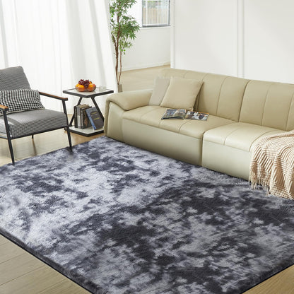 5X8 Ultra Soft Rug for Living Room, Fluffy Shag Area Rug for Bedroom, Modern Shaggy Carpets Fuzzy Rug for Teens Dorm Nursery Home Decor Aesthetic, Upgrade Anti-Skid Durable, Tie Dye Black and Grey