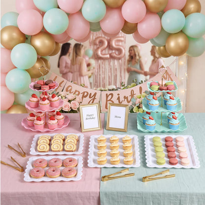 Remerry 16 Pcs Dessert Table Display Set 3 Tier Cupcake Stands Tower Holder Plastic Cookie Serving Trays Gold Serving Tongs for Tea Party Wedding Baby Shower Birthday Table Display (Pink and Green)
