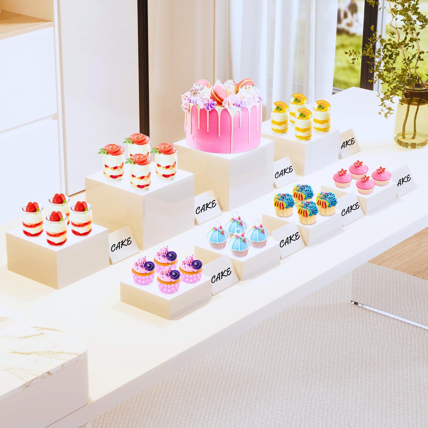 BreeziiDesign 8” Buffet Risers with Mini Signs, Buffet Table Risers and Stands, Acrylic Cube Display Box for Catering Party Table Food Display, Dessert, Cakes - White, Set of 8 Boxes