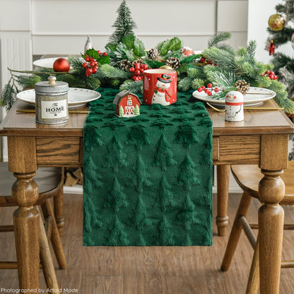 Artoid Mode Christmas Trees Green Soft Plush Faux Fur Jacquard Christmas Table Runner, Holiday Kitchen Dining Table Decoration for Home Party Decor 13x72 Inch
