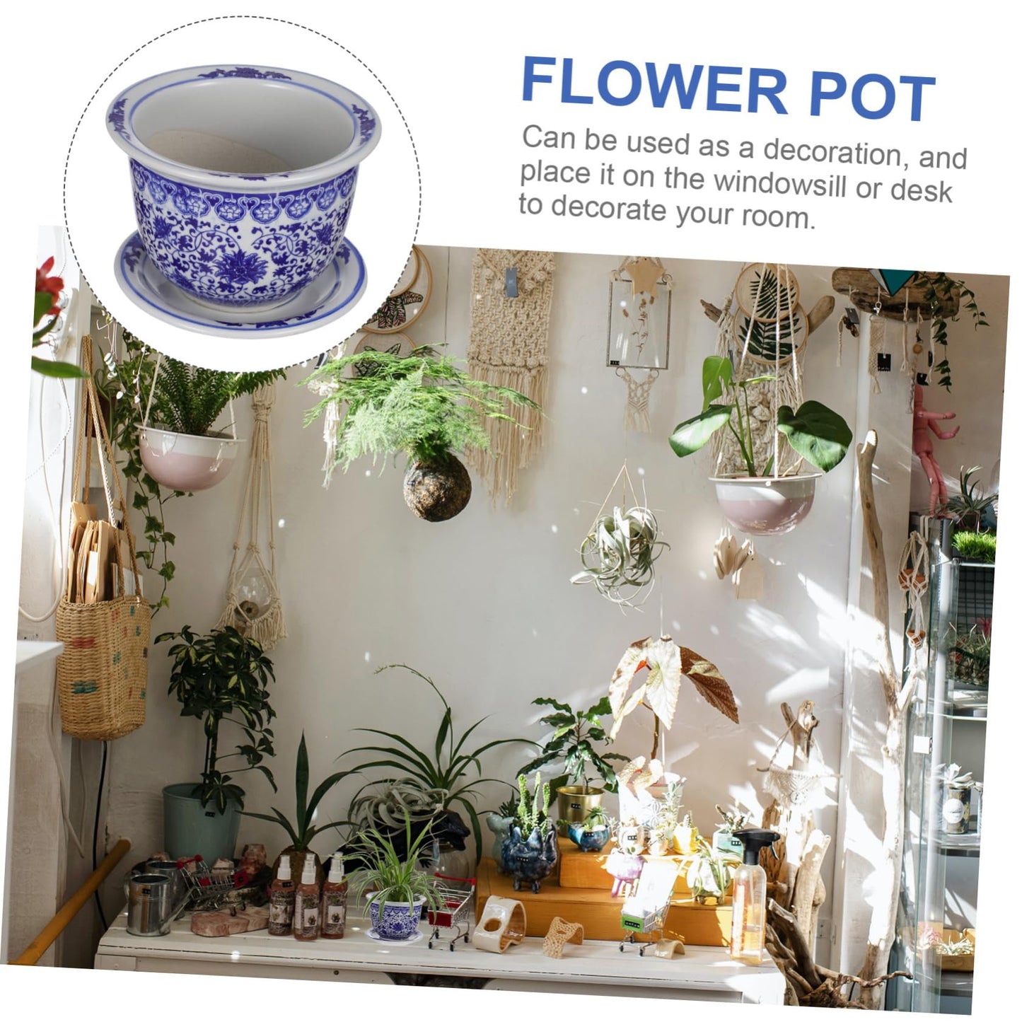 BESPORTBLE Blue and White Porcelain Decorative Flower Pot Ceramic Planter Pot with Drainage Hole and Saucer for Bonsai Plants Flower Aloe Indoor Home Decoration, 6.6 * 4.68in