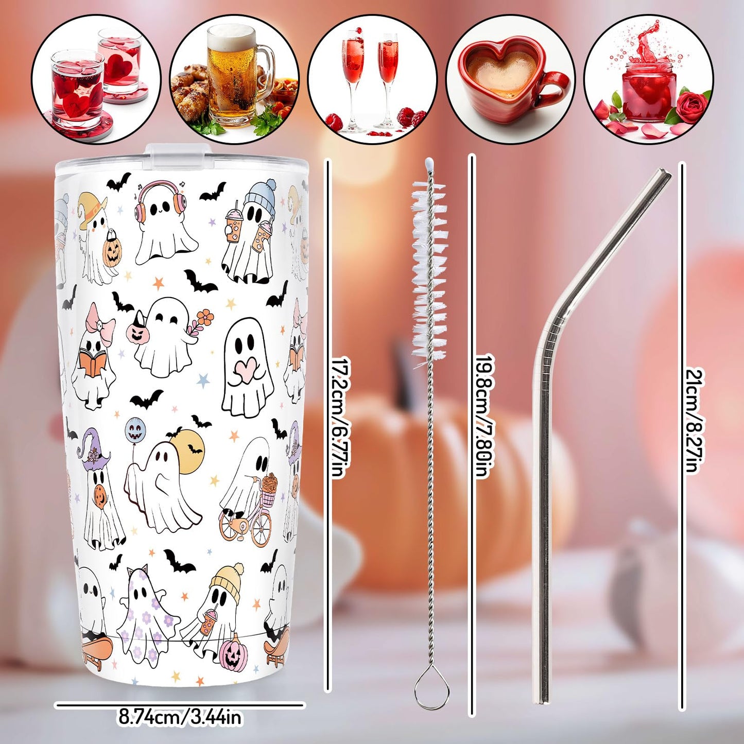 Whaline Halloween Ghost Tumbler 20oz Stainless Steel Travel Tumbler with Lid Straw Brush Cute Ghost Bat Coffee Mug Cup Halloween Boo Spooky Gifts for Women Travel Birthday Horror Gift