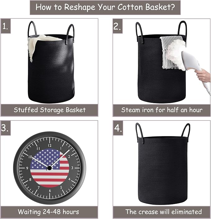 80L Extra Large Black Laundry Hamper Tall Woven Rope Laundry Basket for Clothes Modern Blanket Storage Basket in Living Room Bedroom 16"L x 16"W x 22"H