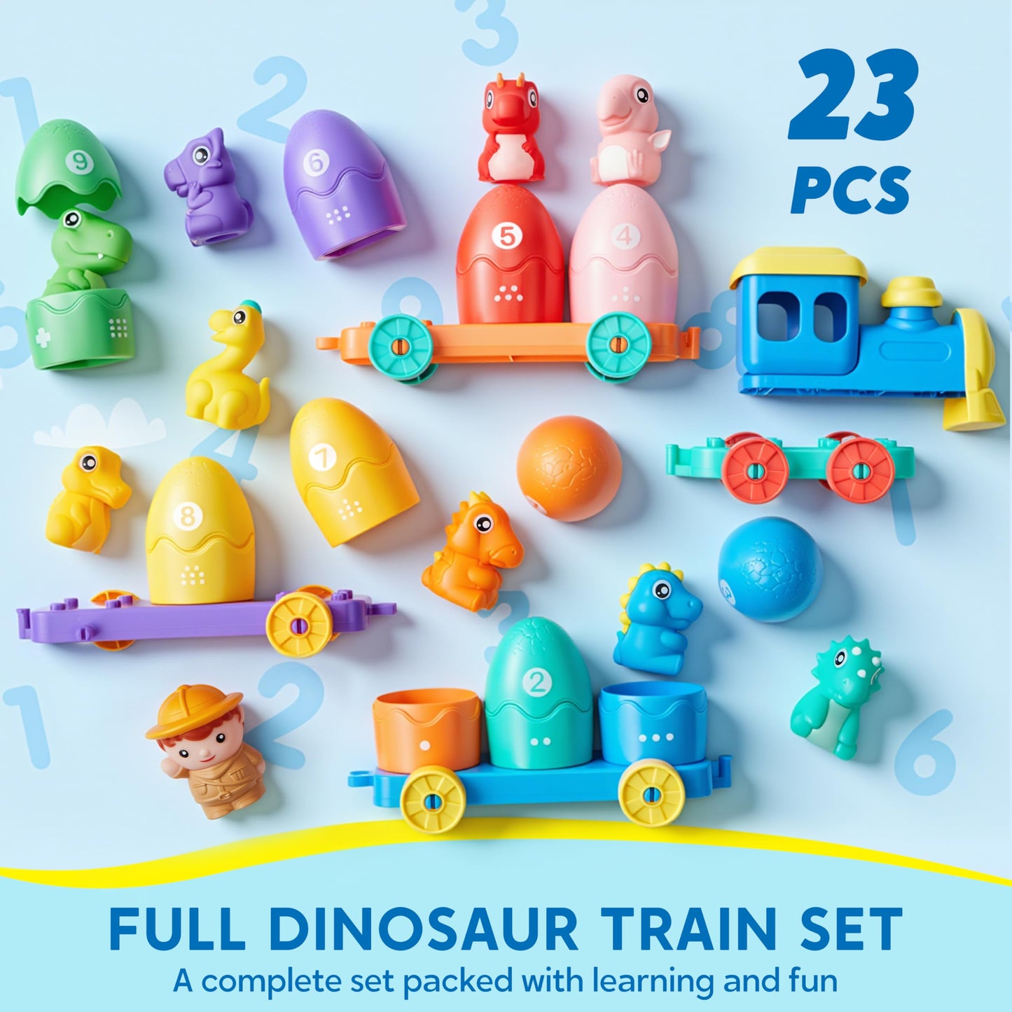 Play-Act Learning Toy for Toddlers 1 2 3 Years Old, Counting, Matching & Sorting Montessori Learning Dinosaur Train Including 9 Dinosaurs, Birthday Gift for Baby Boys Girls