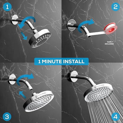 SparkPod Rain Shower Head, 6 Inch Round | High Pressure Shower Heads, 90 Nozzle (Touch-to-Clean), Adjustable Showerhead, No-tool Universal Connection
