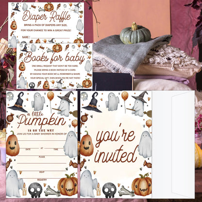 ZEDEV Deluxe Baby Shower Invitations 25 Sets, A Little Pumpkin Is On The Way, Pumpkin Cute Ghost for Halloween, Party Invites Cards with Book Cards Diaper Raffle Tickets and Envelopes -02