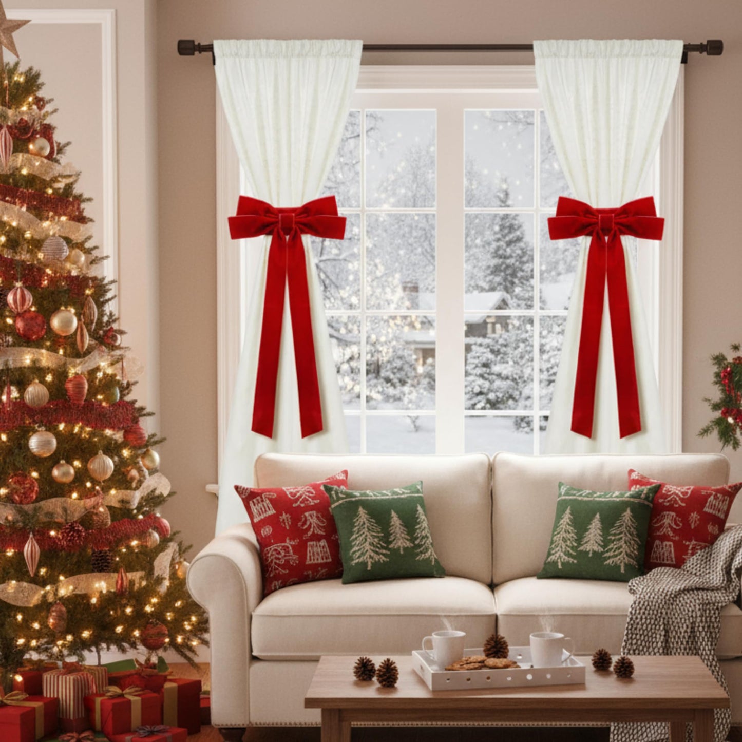 Amyhill 2 Pcs Christmas Red Bow Curtain Tie Backs Burgundy Velvet Bowknot Drapes Buckle Holde Curtain Back Fastener for Xmas Wedding Birthday Cabinet Window Home Hotel Dining Room Party Decoration