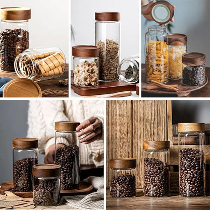 12 oz/350 ml Clear Glass Storage Canister with Airtight Wooden Lid, Small Overnight Oats Containers, Cute Decorative Salad Jar for Snacks Yogurt Spice Sugar Cereal Fruit Coffee Tea -4 Pack