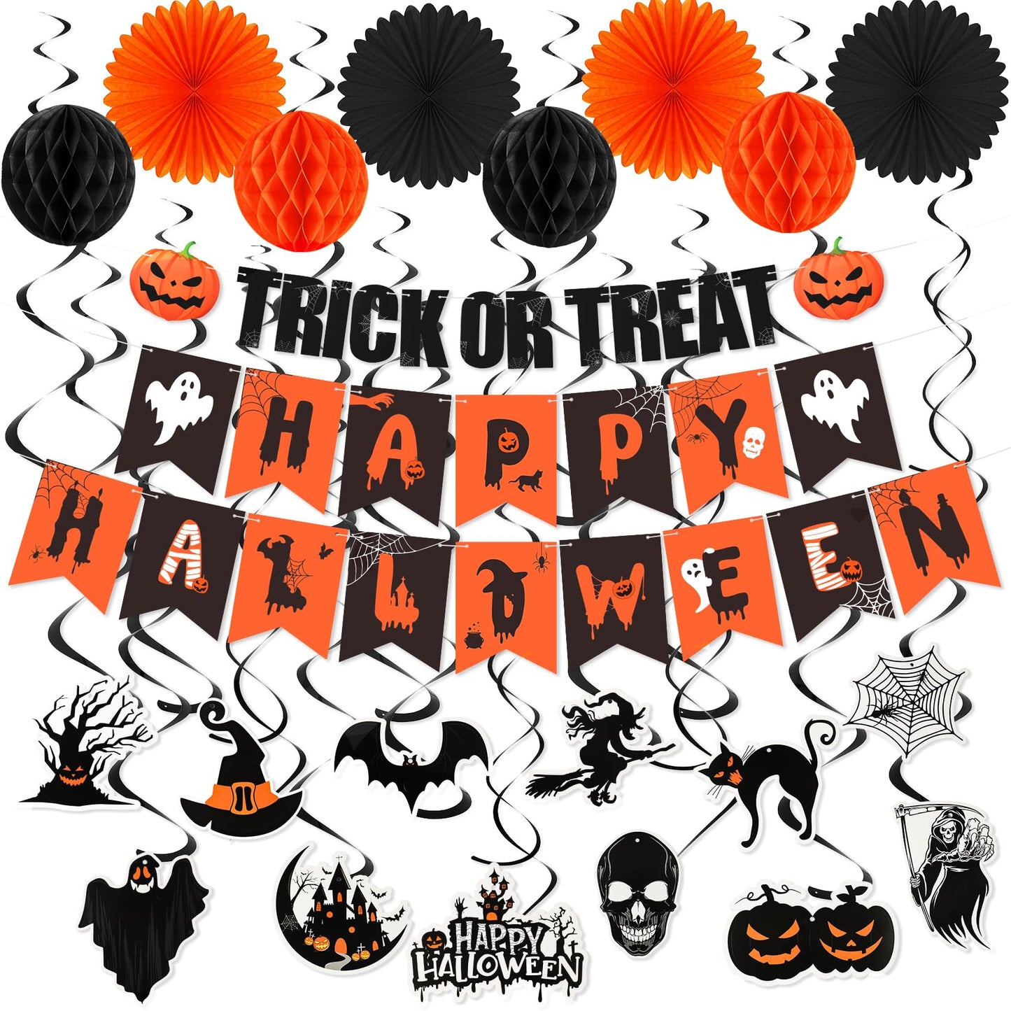 Halloween Party Decorations Indoor, Happy Halloween Banner Sign Decorations Kit with Honeycomb Ball Paper Fans Pumpkin Bat Hanging Swirls Streamers for Home Party Decor
