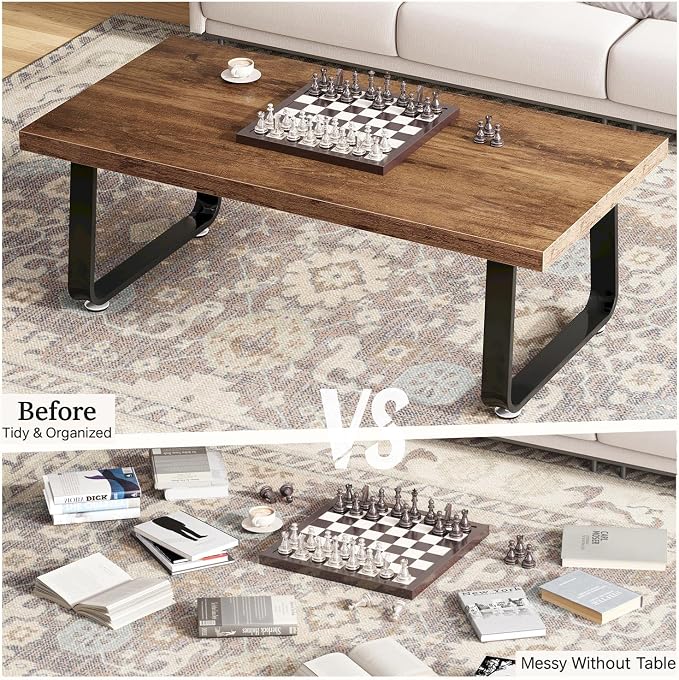 HSH Wooden Coffee Table, Industrial Rectangle Center Table, Modern Minimalist Coffee Table for Living Room, Farmhouse Wood and Metal Cocktail Tea Table for Bedroom Home Office, Rustic Brown, 47 in