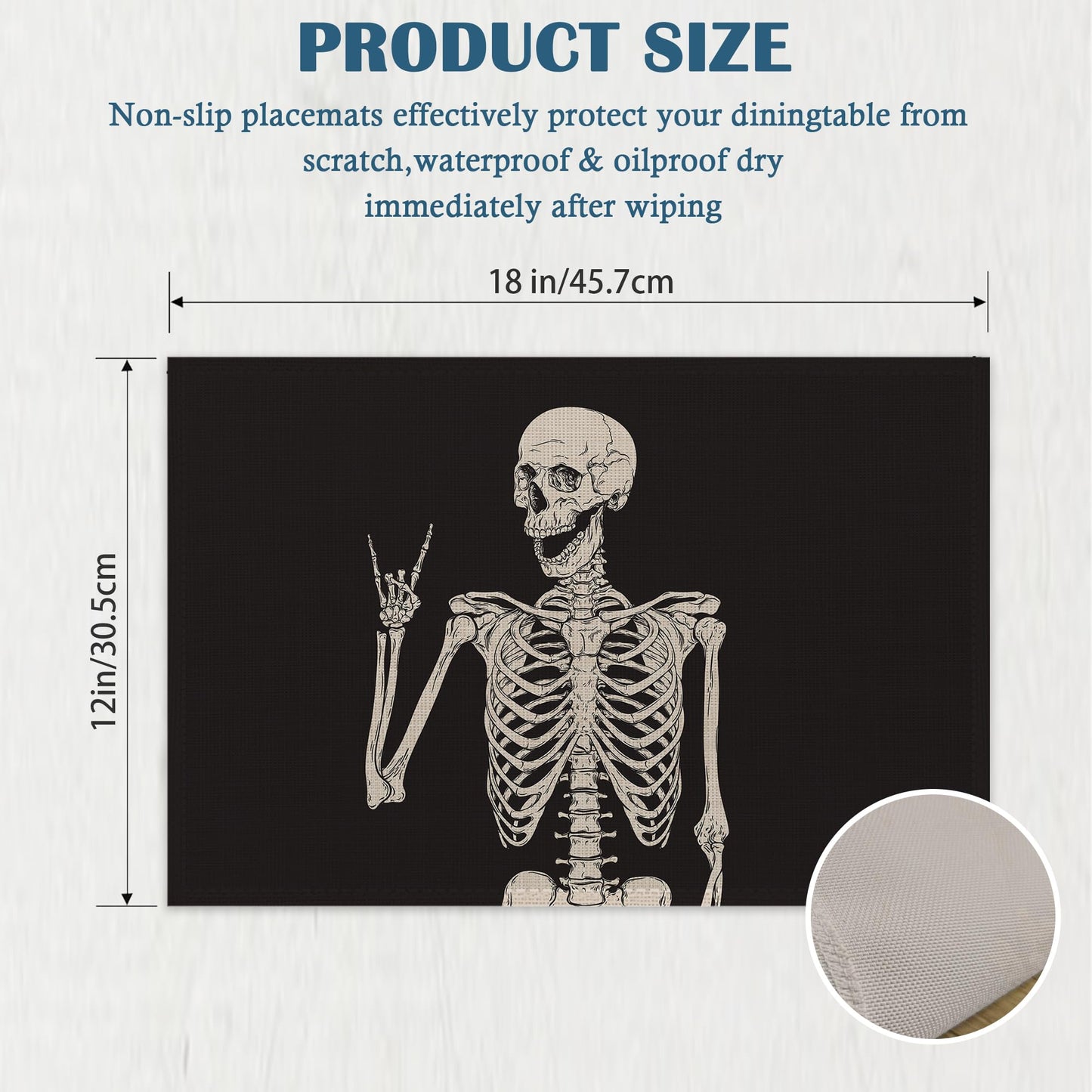 Placemats-Funny Skull Skeleton Linen Table Place Mats Set of 4 Non-Slip Heat Resistant Table Mats for Dining Kitchen Cabin Decor 12x18 Inch