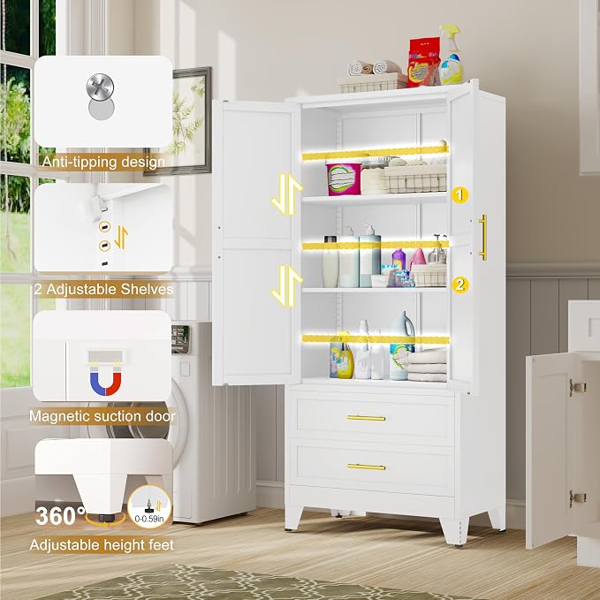 GAIOUS Steel Pantry Cabinet, 71" Metal Storage Cabinets | with 2 Doors, 2 Adjustable Shelf and 2 Drawers, Freestanding Storage Cabinet for Bedroom, Kitchen, Home Office (White)