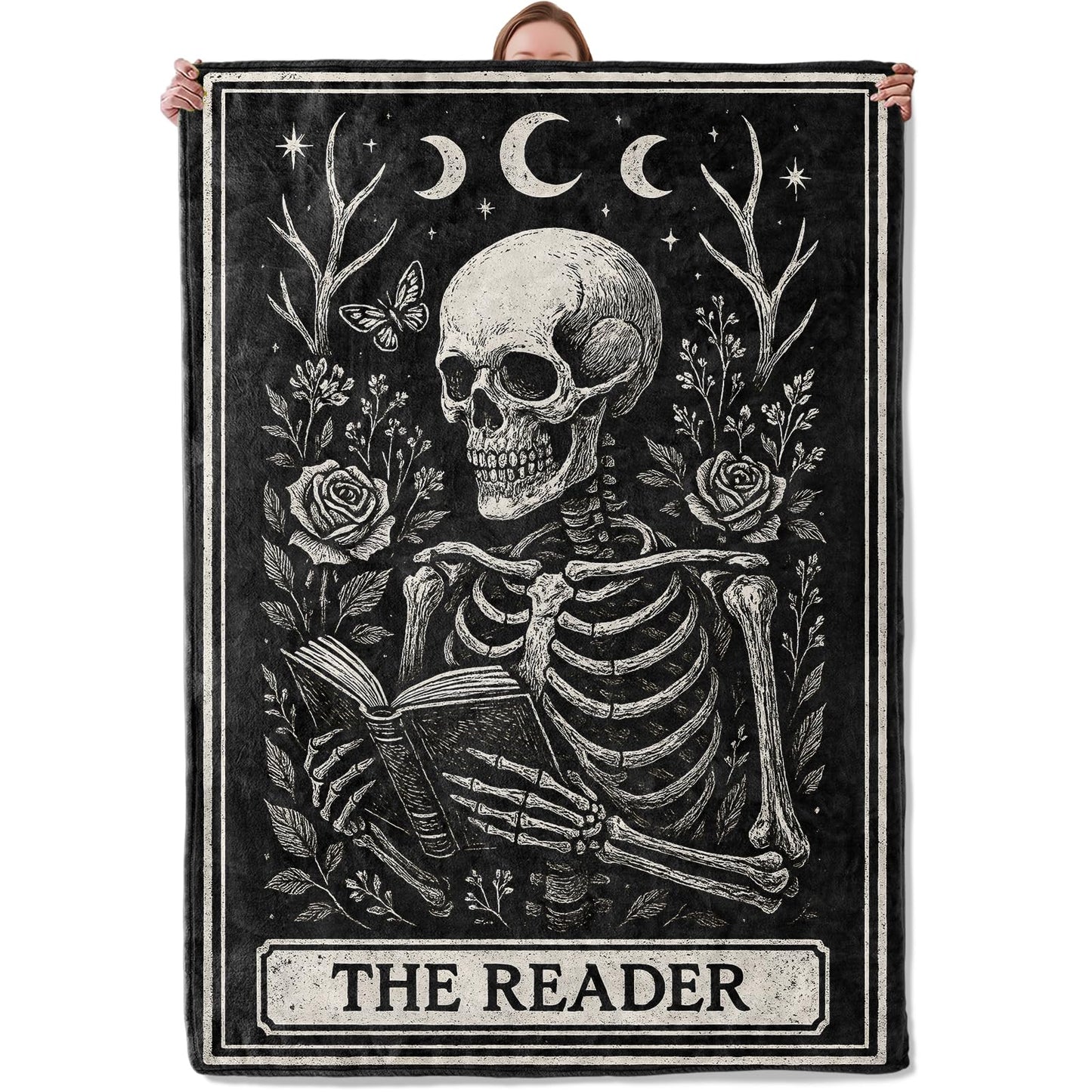 Mounidso Gothic Skeleton Reading Blanket Gifts for Women, Soft Warm Lightweight Flannel Skull Moon Throw Blankets for Bedroom Living Room Home Sofa Camping Decor 50" x 60", Goth Floral Throws