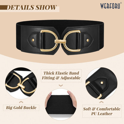 WERFORU Women Elastic Wide Waist Belts for Dresses Fashion Wide Stretchy Belts for Women Big Gold Buckle Thick Dress Belt, A-Black-gold buckle, M: Fit Waist Size 32"-35"