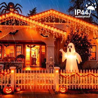 YEGUO 33ft 400 LED Orange Thanksgiving Lights, Connetable Icicle Light Outdoor Waterproof, 8 Modes Christmas Lights Indoor Plug in for Thanksgiving House Patio Fall