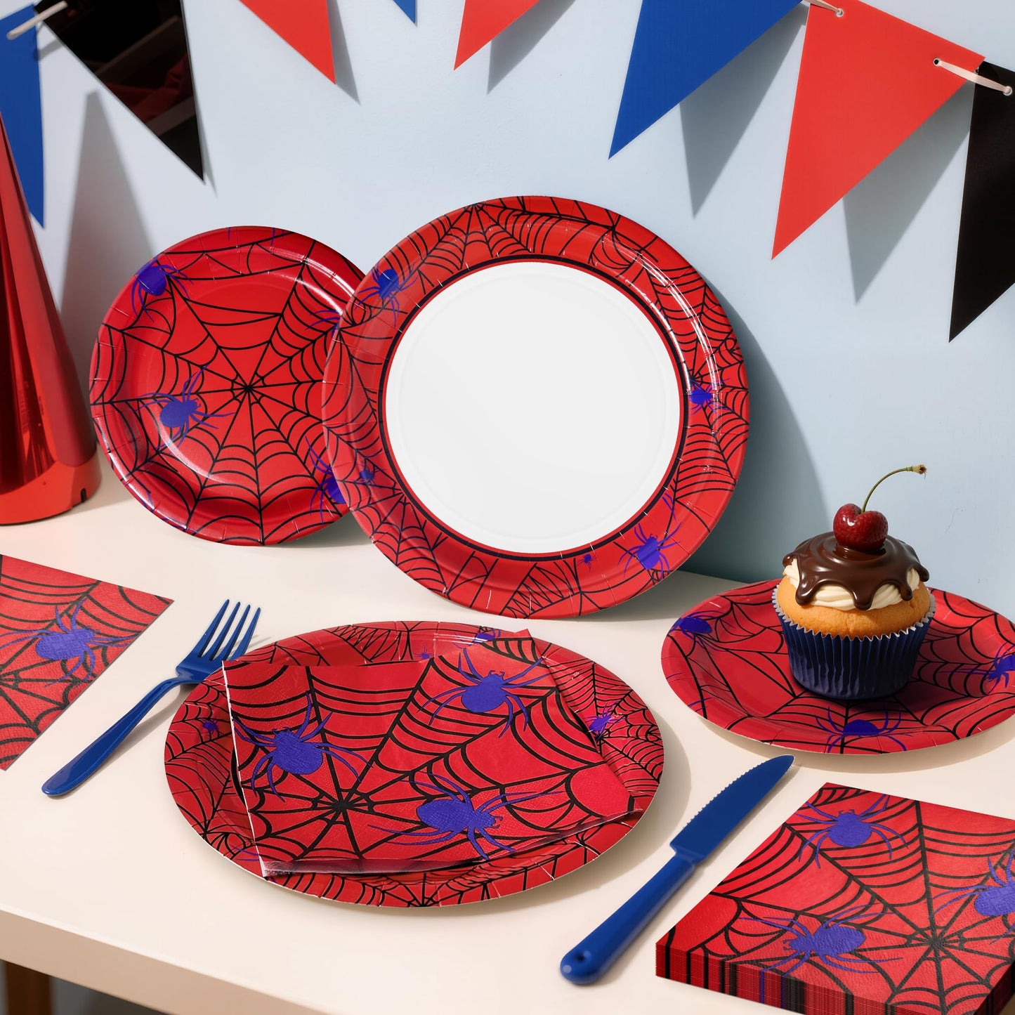 Watch Me Fly 75pcs Spider Party Supplies - Disposable Spider Web Paper Plates & Napkins (25pcs 9" & 7" Plates, 25pcs Napkins) for Birthdays, Halloween, Birthday, and Parties Decoration