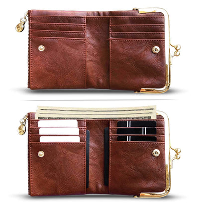 AOXONEL Womens Wallet Small Rfid Ladies Compact Bifold Leather Vintage Coin Purse With Zipper and Kiss Lock (Brown)