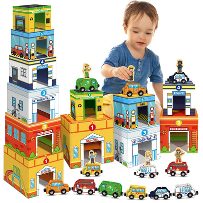 Aizweb Toddler Sorting&Stacking Toys with Magnetic Wooden Vehicle,Cars&Community Helpers,STEM Building Blocks,Educational Learning Montessori Gifts for 1 2 3 Year Old Boys Girls Preschool Kindergarten