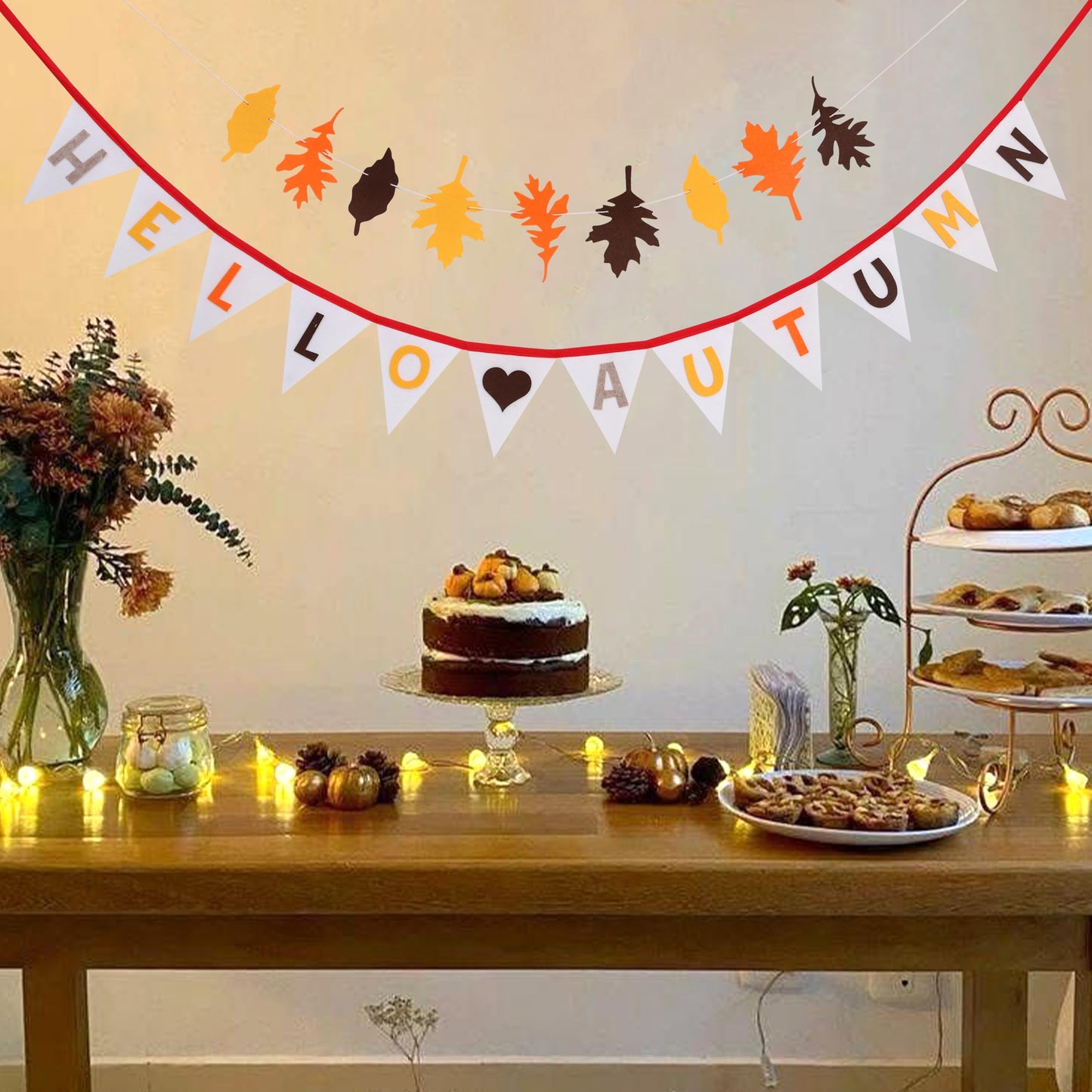 Hello Autumn Felt Bunting - Harvest Festival Farm Theme Wall Hanging Garland, Thanksgiving Autumn Leaves Garland, Halloween Pumpkin Spice Banner, Halloween Nursery Room Fire Place Hanging Decors