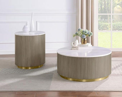 Coaster Home Furnishings - Jason - Wood and Metal - 2-Piece Coffee Table Set with Marble Tops, Reeded Drum Bases, and Gold Ring Accents - Living Room - Greige and White Marble - 711418-S2
