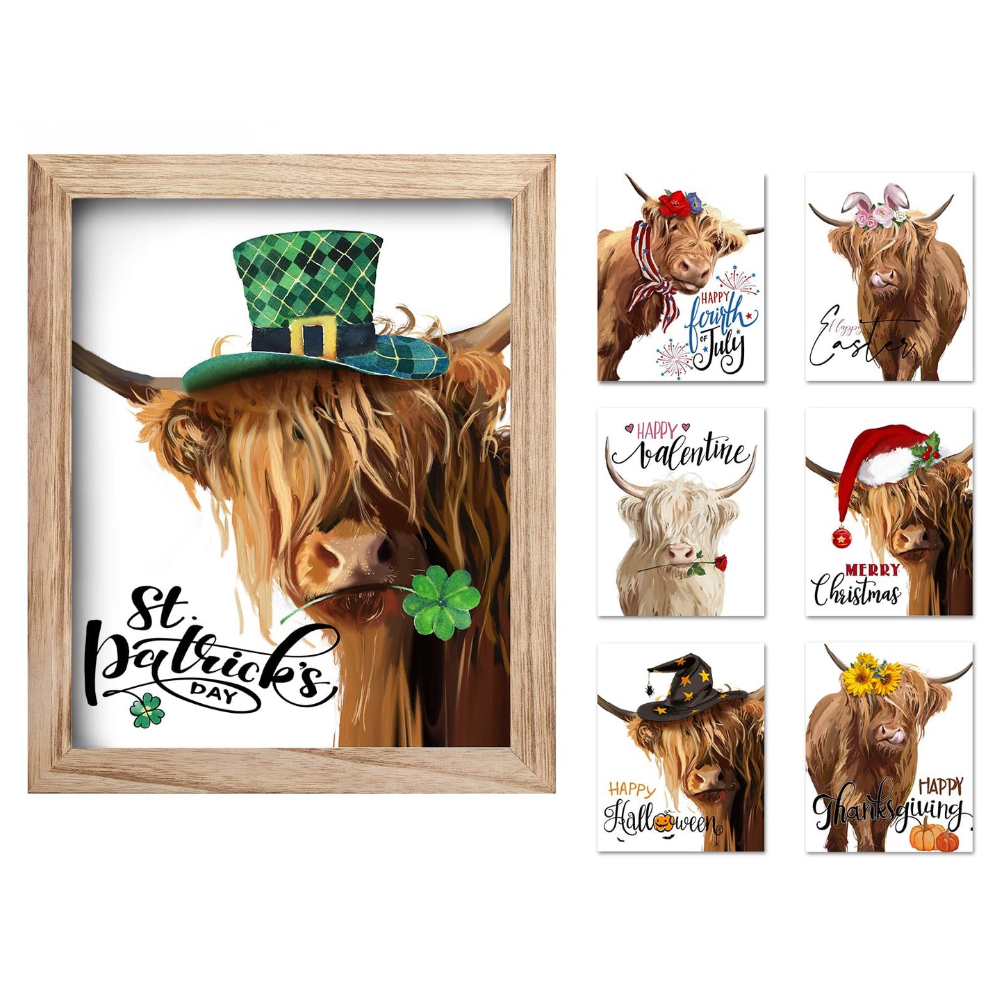 YPY Highland Cow Canvas Wall Art with 7 Interchangeable Holiday Sayings,Rustic Farmhouse Wall Sign 11"x9" Wood Frame, Seasonal St. Patrick's Day & Year-Round Home Decor for Living Room Bedroom Office