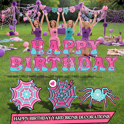 BrightRow 16 Pcs Spider Birthday Decorations Happy Birthday Yard Signs with Stakes and Lights 13" Weatherproof Yard Sign for Halloween Theme Outdoor Lawn Decor