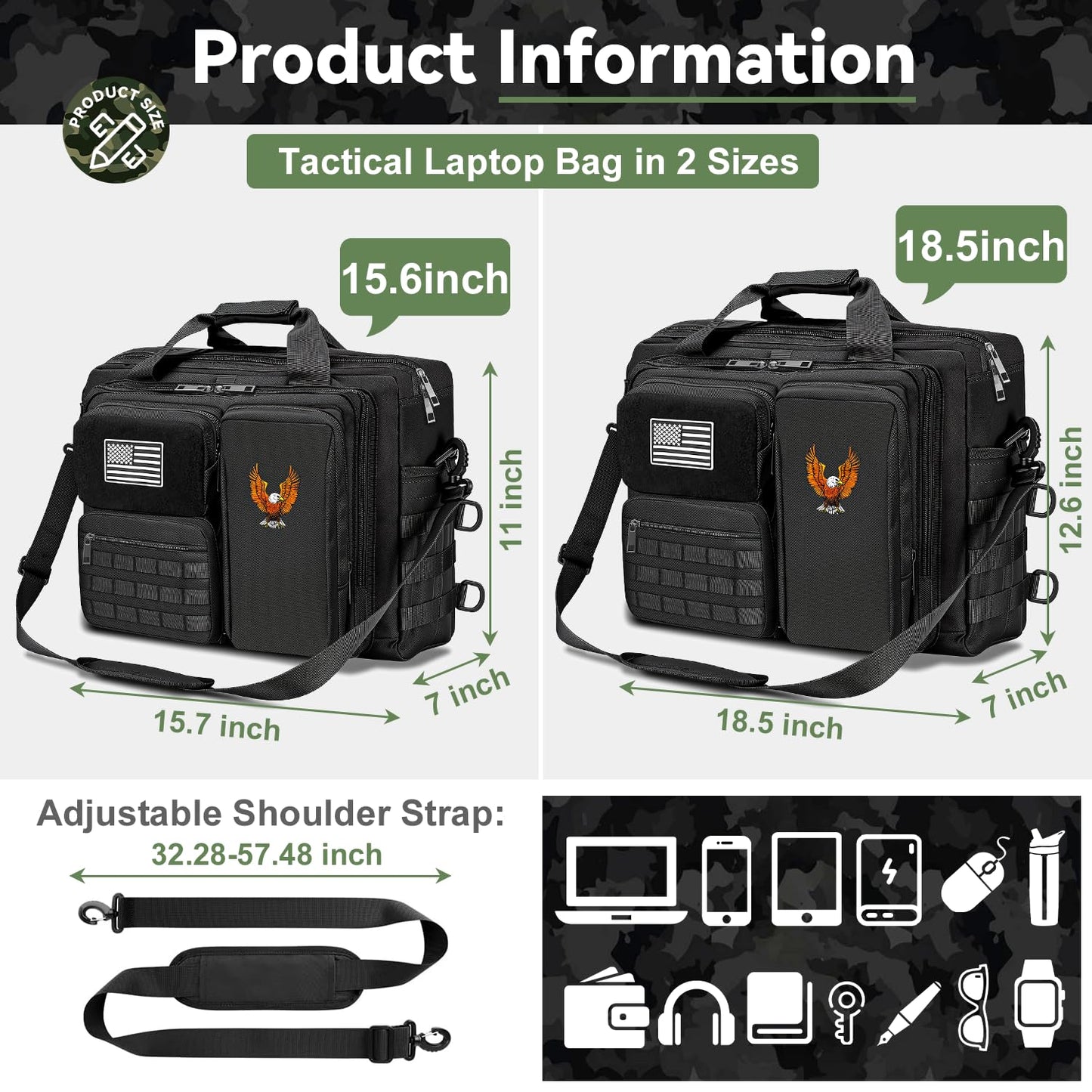 BYIECLD Tactical Laptop Bag for Men, 14 Inch & 18 Inch Military Messenger Bag, 900D Nylon Water Resistant Computer Bag with Luggage Strap, Multipurpose Work Bag for Travel, Business, Campus